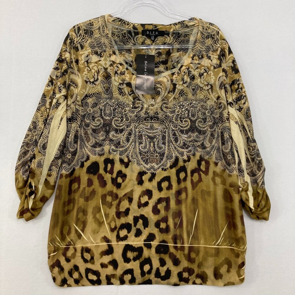 New B.L.E.U. size 2X Brown Leopard Print Embellished 3/4 Sleeve Stretch Top Boho